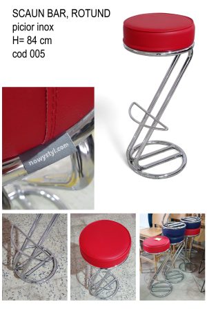 Scaun bar rotund, rosu, cu picior de inox