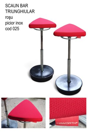 Scaun bar triunghiular rosu cu picior metalic