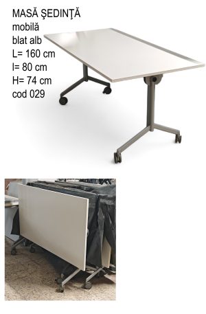 Masa sedinta alba mobila si rabatabila pe role blocabile