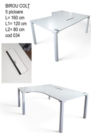 Birou colt alb cu cinci picioare aluminiu reglabile cu fanta cabluri
