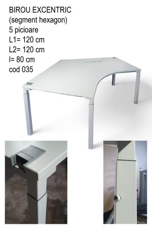 Birou alb excentric segment hexagon, cu cinci picioare metalice