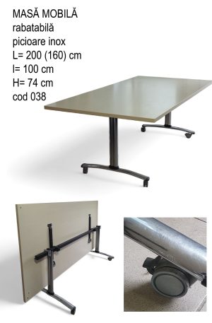 Masa mobila rabatabila bej,cu picioare inox pe role blocabile