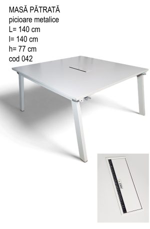 Masa patrata alba pentru birou arhitectura cu picioare metalice si fanta cabluri